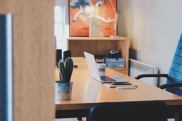 minimalist home office desk with notebook and plant for planning home projects